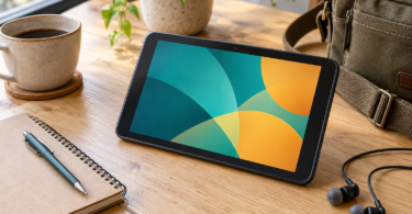 A small unbranded tablet with an abstract teal and yellow screen beside a notebook, earphones and a canvas bag on a wooden desk.