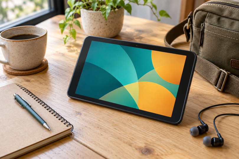 A small unbranded tablet with an abstract teal and yellow screen beside a notebook, earphones and a canvas bag on a wooden desk.