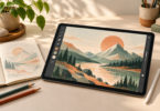 An unbranded standalone tablet displaying a mountain landscape, with a stylus, sketchbook and colored pencils on a desk.