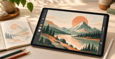 An unbranded standalone tablet displaying a mountain landscape, with a stylus, sketchbook and colored pencils on a desk.