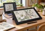An unbranded drawing display showing a botanical illustration, connected by a cable to a laptop, with a stylus on the desk.