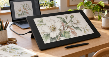 An unbranded drawing display showing a botanical illustration, connected by a cable to a laptop, with a stylus on the desk.