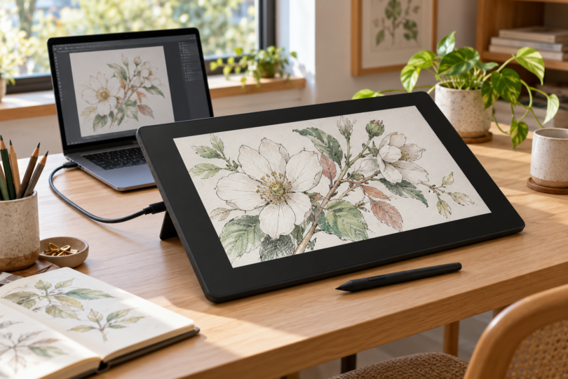 An unbranded drawing display showing a botanical illustration, connected by a cable to a laptop, with a stylus on the desk.