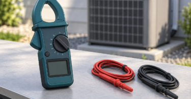 A conceptual unbranded clamp meter with a blank display rests beside disconnected, capped red and black test leads, with a closed HVAC condenser in the background.