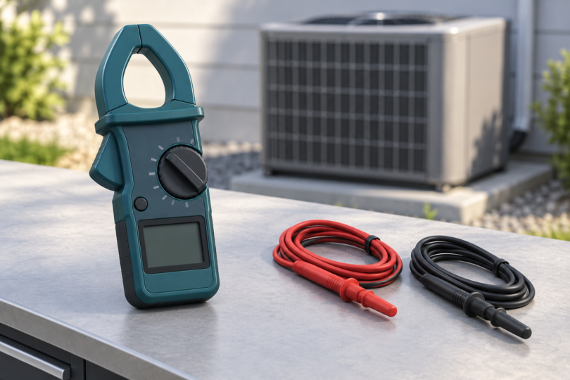 A conceptual unbranded clamp meter with a blank display rests beside disconnected, capped red and black test leads, with a closed HVAC condenser in the background.