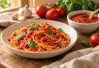 Spaghetti with tomato sauce and basil beside a bowl of marinara, ripe tomatoes and garlic on a wooden table.