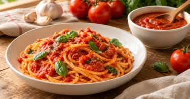 Spaghetti with tomato sauce and basil beside a bowl of marinara, ripe tomatoes and garlic on a wooden table.