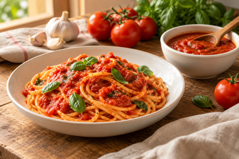 Spaghetti with tomato sauce and basil beside a bowl of marinara, ripe tomatoes and garlic on a wooden table.