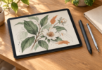 Conceptual illustration of an unbranded tablet showing botanical artwork beside two styluses on a sunlit wooden desk.