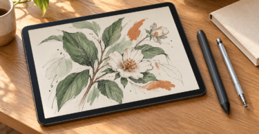 Conceptual illustration of an unbranded tablet showing botanical artwork beside two styluses on a sunlit wooden desk.
