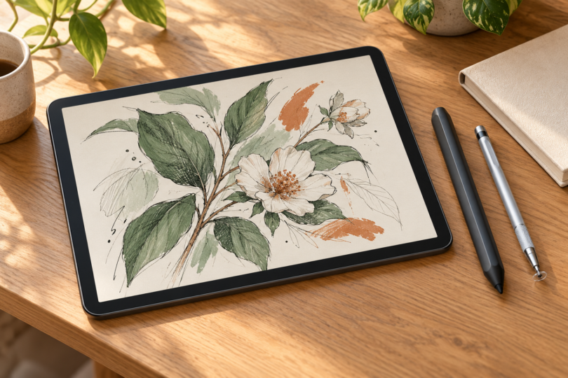 Conceptual illustration of an unbranded tablet showing botanical artwork beside two styluses on a sunlit wooden desk.