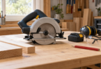 An unbranded circular saw rests on a wooden workbench beside a separate battery, safety glasses, hearing protection and a pencil.