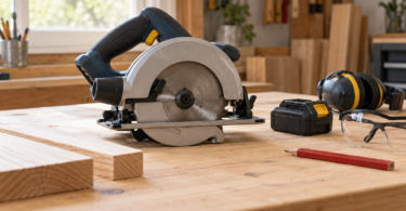 An unbranded circular saw rests on a wooden workbench beside a separate battery, safety glasses, hearing protection and a pencil.