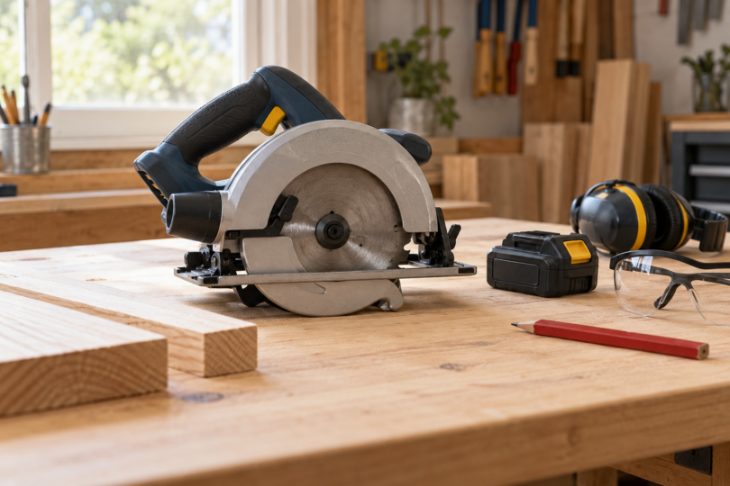 An unbranded circular saw rests on a wooden workbench beside a separate battery, safety glasses, hearing protection and a pencil.