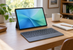 An unbranded tablet rests on a stand with a slim keyboard detached in front of it, beside a notebook and mug on a sunlit wooden desk.