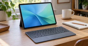 An unbranded tablet rests on a stand with a slim keyboard detached in front of it, beside a notebook and mug on a sunlit wooden desk.