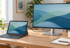 An unbranded tablet with a detachable keyboard sits beside a larger monitor on a sunlit wooden desk, with a cable between them.