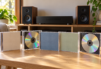 Clear CD cases and silver discs sit on a wooden table with an unbranded stereo component and two speakers softly blurred behind them.