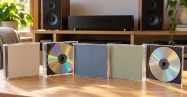 Clear CD cases and silver discs sit on a wooden table with an unbranded stereo component and two speakers softly blurred behind them.