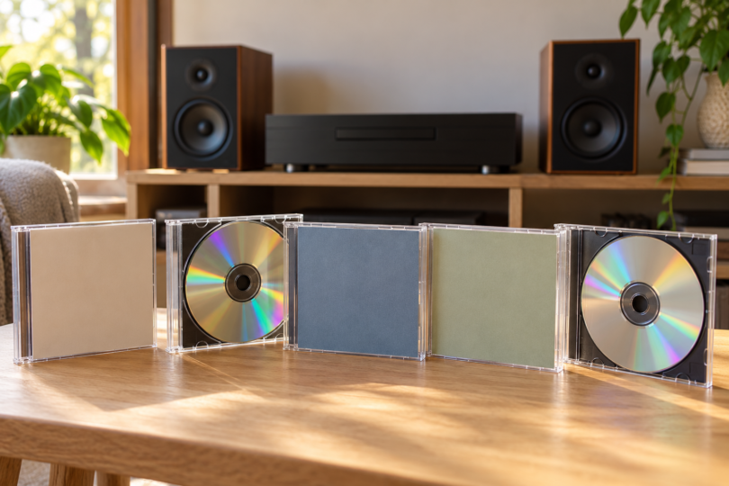 Clear CD cases and silver discs sit on a wooden table with an unbranded stereo component and two speakers softly blurred behind them.