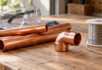Copper pipe sections and an elbow fitting beside an unbranded spool of silver-colored solder and safety goggles on a wooden bench.