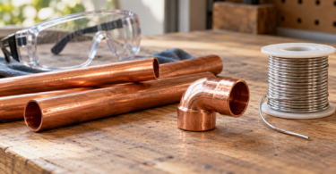 Copper pipe sections and an elbow fitting beside an unbranded spool of silver-colored solder and safety goggles on a wooden bench.