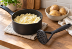 Conceptual kitchen scene with an unbranded dark potato masher beside a nonstick saucepan of mashed potatoes and a bowl of whole potatoes.