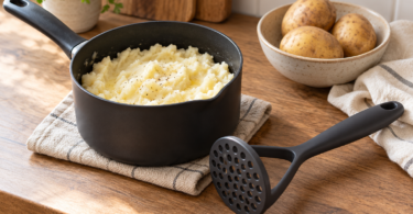 Conceptual kitchen scene with an unbranded dark potato masher beside a nonstick saucepan of mashed potatoes and a bowl of whole potatoes.