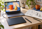 An unbranded screenless drawing pad and stylus connect to a laptop showing an orange mug and pear painting, beside a paper practice sketchbook.