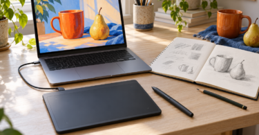 An unbranded screenless drawing pad and stylus connect to a laptop showing an orange mug and pear painting, beside a paper practice sketchbook.