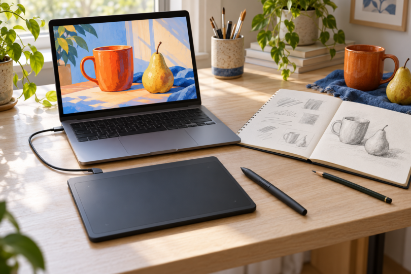 An unbranded screenless drawing pad and stylus connect to a laptop showing an orange mug and pear painting, beside a paper practice sketchbook.