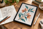 An unbranded tablet displays a teal and terracotta botanical drawing beside a stylus, colored pencils and an open sketchbook on a wooden desk.