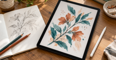 An unbranded tablet displays a teal and terracotta botanical drawing beside a stylus, colored pencils and an open sketchbook on a wooden desk.