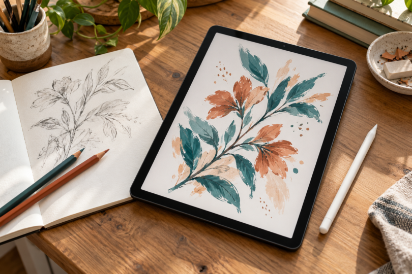 An unbranded tablet displays a teal and terracotta botanical drawing beside a stylus, colored pencils and an open sketchbook on a wooden desk.