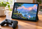 An unbranded tablet in a stand shows a colorful pixel-art landscape beside a separate black game controller.