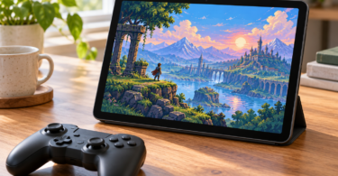 An unbranded tablet in a stand shows a colorful pixel-art landscape beside a separate black game controller.