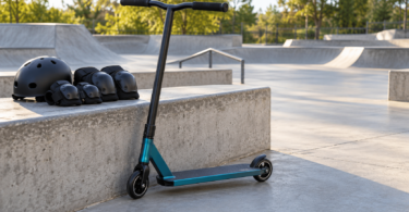 Conceptual image of an unbranded freestyle scooter beside a skatepark bench holding a helmet and knee and elbow pads.