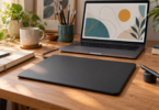 Conceptual image of an unbranded screenless pen tablet and stylus beside a laptop displaying abstract artwork on a wooden desk.