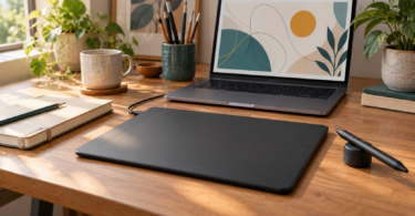 Conceptual image of an unbranded screenless pen tablet and stylus beside a laptop displaying abstract artwork on a wooden desk.