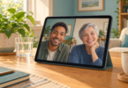 Conceptual image of a tablet propped on a wooden desk, showing two adults in a video call beside a plant and a glass of water.