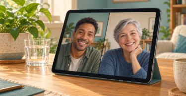 Conceptual image of a tablet propped on a wooden desk, showing two adults in a video call beside a plant and a glass of water.