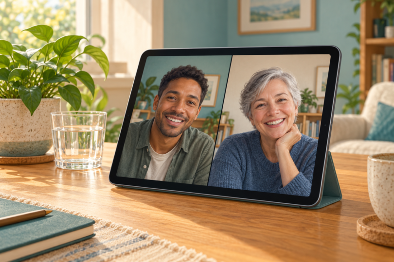 Conceptual image of a tablet propped on a wooden desk, showing two adults in a video call beside a plant and a glass of water.