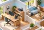 Conceptual cutaway illustration of a home office with a black router, computers and a white mesh node in an adjoining living room.