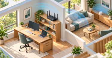 Conceptual cutaway illustration of a home office with a black router, computers and a white mesh node in an adjoining living room.