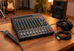 Conceptual image of an unbranded audio mixer, microphone, headphones and coiled cable on a wooden table in a rehearsal studio.