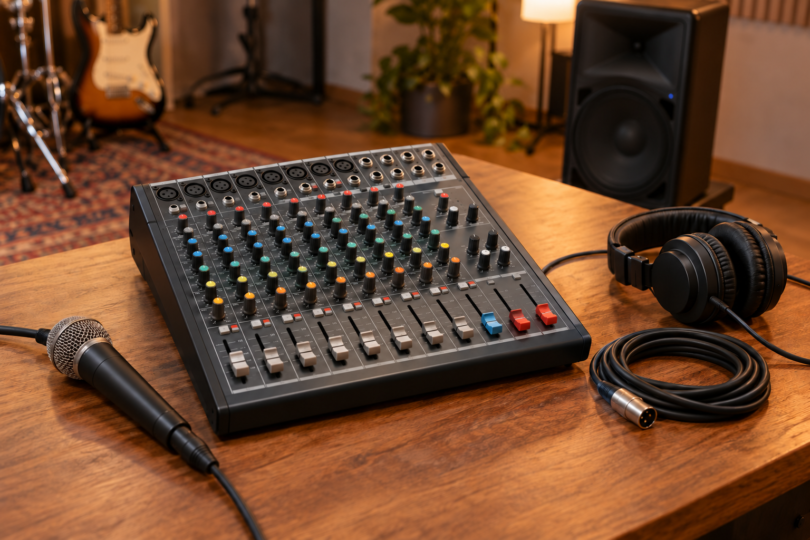 Conceptual image of an unbranded audio mixer, microphone, headphones and coiled cable on a wooden table in a rehearsal studio.