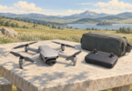 Conceptual illustration of an unbranded camera drone, controller, and carrying bag on a picnic table beside a lake and mountains.