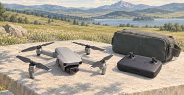 Conceptual illustration of an unbranded camera drone, controller, and carrying bag on a picnic table beside a lake and mountains.