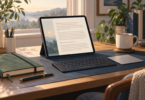 Conceptual illustration of an unbranded tablet on a stand with a separate keyboard and trackpad on a writing desk, beside a notebook and cup.