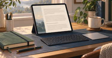 Conceptual illustration of an unbranded tablet on a stand with a separate keyboard and trackpad on a writing desk, beside a notebook and cup.